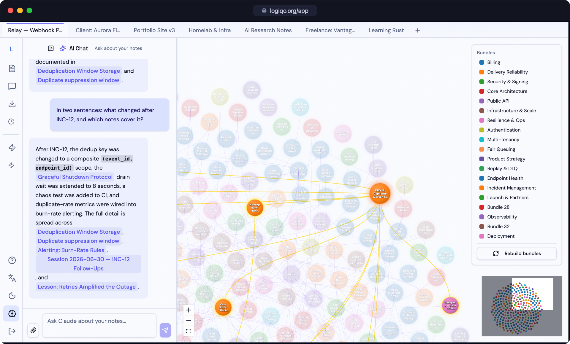 Logiqo answering a question about an incident, with the related node highlighted in the knowledge graph